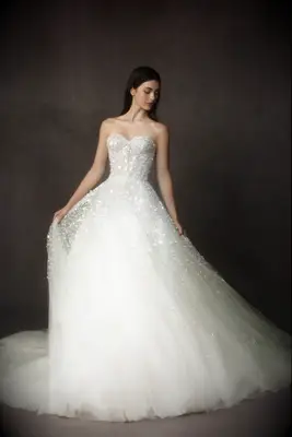 Sparkly strapless wedding dress by Nicole + Felicia