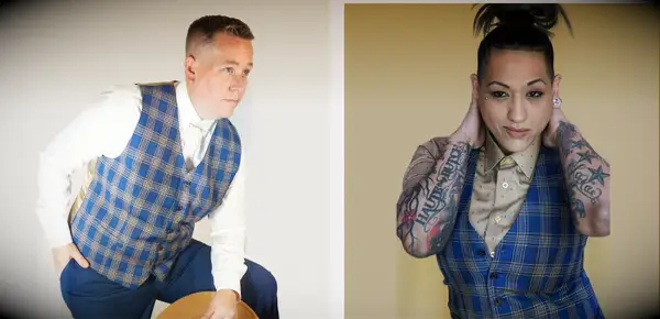 Woman wearing Haute butch three piece lesbian wedding suit