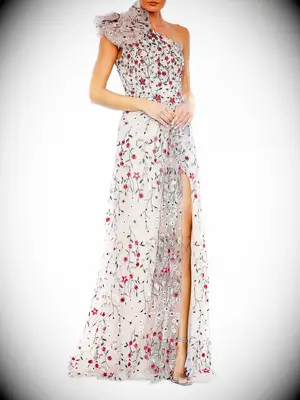 Mac Duggal floral red and white wedding dress