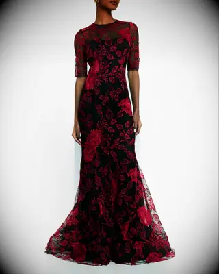 Rickie Freeman for Teri Jon red and black floral wedding dress