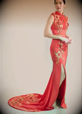 East Meets West red and gold wedding dress