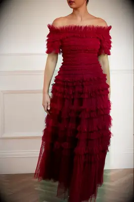 Needle & Thread red ruffle off-shoulder wedding dress