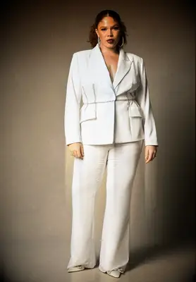 Plus size flared white pantsuit