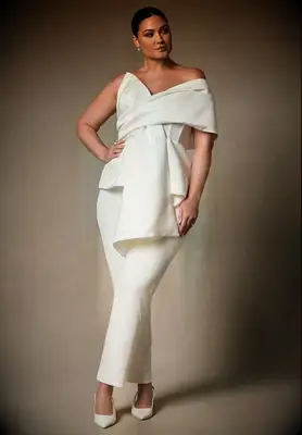 Off the shoulder white pantsuit
