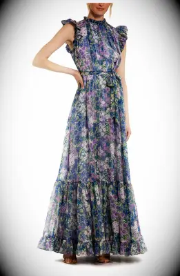 Belted chiffon floral sleeveless dress