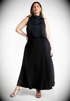 High neck satin black long dress