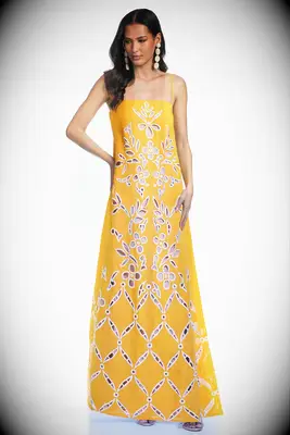 Yellow maxi dress with abstract cut outs