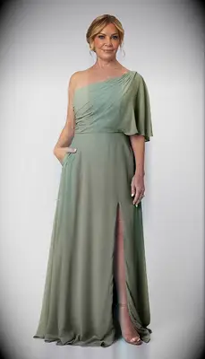 One-shoulder olive green long dress with leg slit