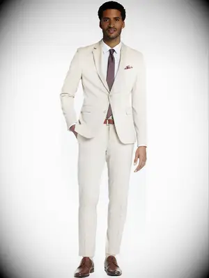 Light cream tailored wedding suit with brown satin tie