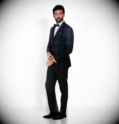 Black and dark green tartan suit jacket with bow tie