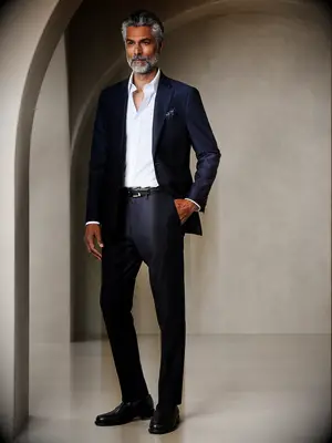 Man wearing an Italian dark navy tailored suit