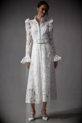 LEO LIN white lace floral midi wedding dress for older brides from Anthropologie