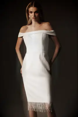 Anne Barge white fringe off the shoulder wedding dress for older brides from Anthropologie