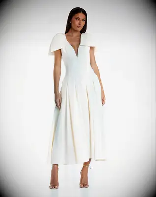 Ivory crepe a-line midi wedding dress for older brides from Mac Duggal