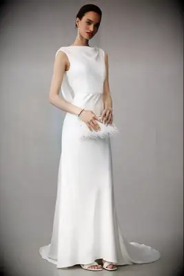 Jenny Yoo open back white satin wedding dress for older brides from Anthropologie