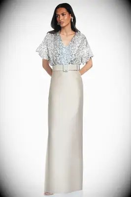 Silver sequin and petwer column gown wedding dress for older brides from Sachin & Babi