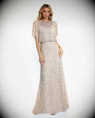 Beige mesh cape gown wedding dress for older brides from Mac Duggal