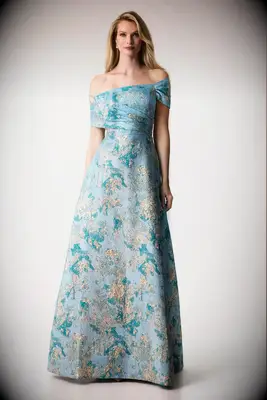 Blue metallic asymmetrical off the shoulder wedding dress for older brides from Teri Jon