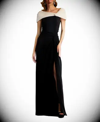Tadashi Shoji black asymmetric draped wedding dress for older brides from Macy