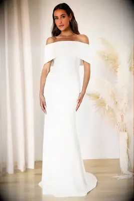 White off the shoulder mermaid maxi wedding dress for older brides from Lulus