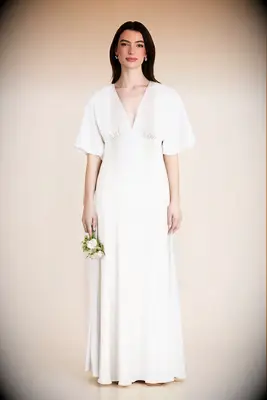 White v-neck maxi wedding dress for older brides from Birdy Grey