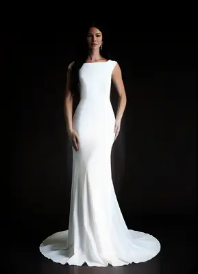 White cap sleeve gown with train wedding dress for older brides from Azazie