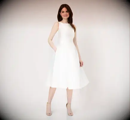 White fit and flare midi wedding dress for older brides from Adrianna Papell