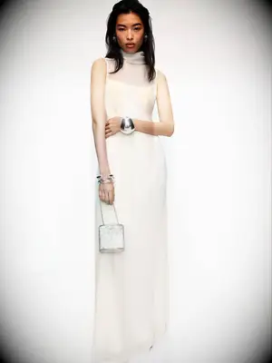 Cream mock neck wedding dress for older brides from Reformation