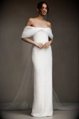 Costarellos Hemera crystal beaded off the shoulder wedding dress for older brides from Anthropologie