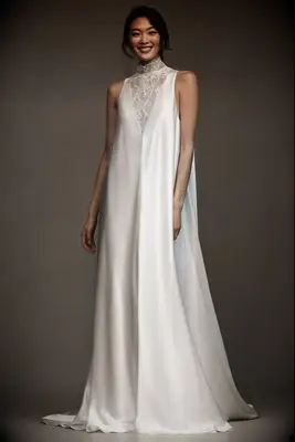 OUMA satin high neck bias cut satin wedding dress for older brides from Anthropologie
