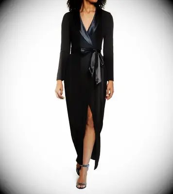 Eliza J tuxedo gown with satin waist tie