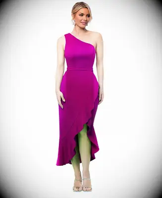 Purple ruffled one shoulder midi beach wedding guest dress over 50 from Macy