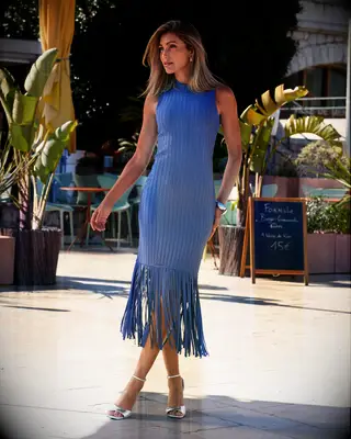 Blue mock neck fringe midi beach wedding guest dress from Boston Proper