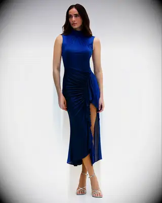 Royal blue ruched slit midi beach wedding guest dress from Pat Bo
