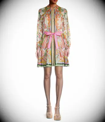 Patterned mock neck long sleeve mini beach wedding guest dress over 50 from Dillard