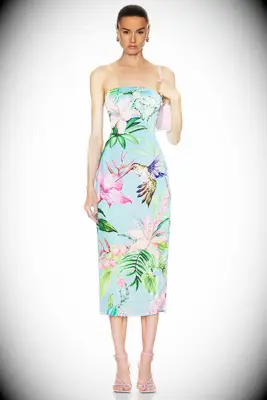 Blue floral printed strapless midi beach wedding guest dress over 50 from FWRD