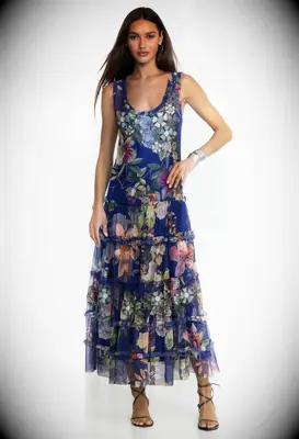Blue floral print tiered ruffle midi wedding guest dress over 50 from Johnny Was