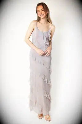Lavender ruffle maxi beach wedding guest dress over 50 from Petal and Pup