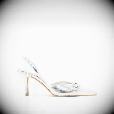 Dolce Vita silver slingback heels to wear with navy dress
