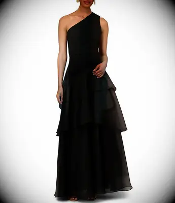 Aidan Mattox one-shoulder black ruffled mother-of-the-bride beach dress