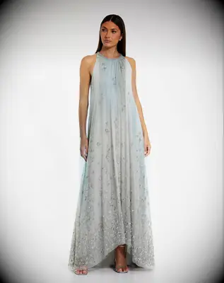 Mac Duggal floral high-neck beach mother-of-the-bride dress