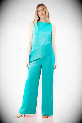 Bright blue sleeveless top and wide-leg pant set for grandmother of the bride or groom
