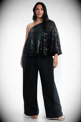 One-shoulder sequin top and satin pant set for grandmother of the bride or groom