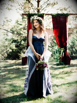 Dark blue satin strapless wedding gown