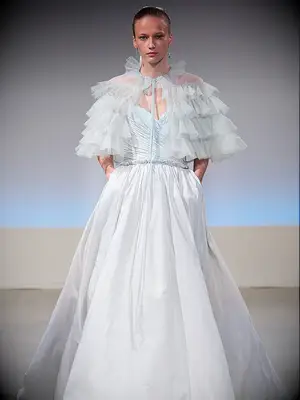 Dusty blue silk taffeta wedding ball gown with a tiered cape by Isabelle Armstrong​​