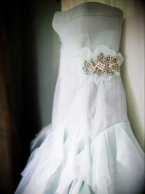 Light blue strapless wedding gown by Tara LaTour