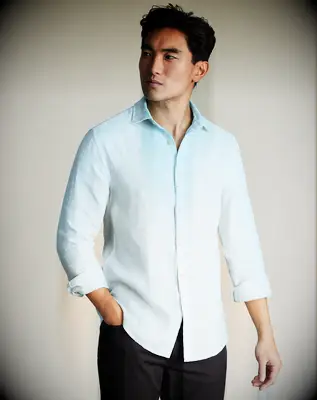 Blue linen shirt from Charles Tyrwhitt for bachelor party outift