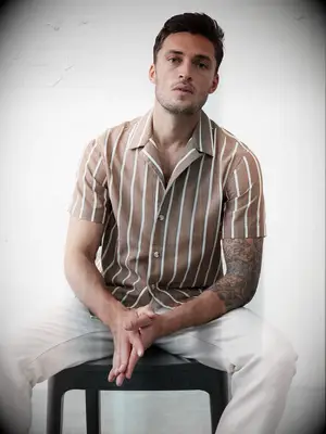 Banana Republic striped resort shirt for lake bachelor party outfit