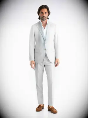 Light gray suit with dark brown shoes