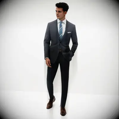 Dark gray suit with dark brown shoes
